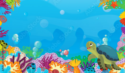 Fototapeta Naklejka Na Ścianę i Meble -  cartoon scene with coral reef with happy and cute fish swimming with frame space text turtle - illustration for children