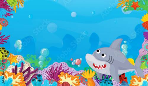 Fototapeta Naklejka Na Ścianę i Meble -  cartoon scene with coral reef with happy and cute fish swimming with frame space text shark - illustration for children