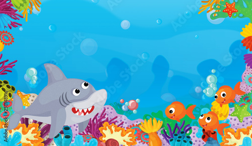 Fototapeta Naklejka Na Ścianę i Meble -  cartoon scene with coral reef with happy and cute fish swimming with frame space text shark - illustration for children