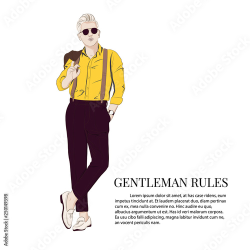 Gentleman look Vector illustration. Cool business elegant outfit. Boss wearing smart street style clothes fashion sketch