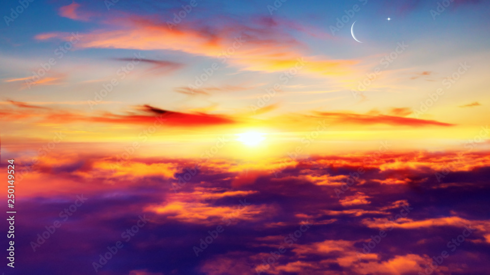 Fototapeta Crescent moon with beautiful sunset background . Generous Ramadan . Light from sky . Religion background .