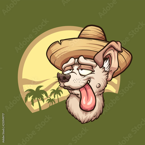 Cartoon relaxed chihuahua dog with tongue out wearing a sombrero clip art. Vector illustration with simple gradients. Design and background on separate layers.