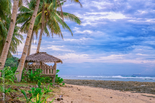 Beautiful beach. View of nice tropical beach with palms around. Holiday and vacation concept. Tropical beachat Philippines on the coast island Siargao