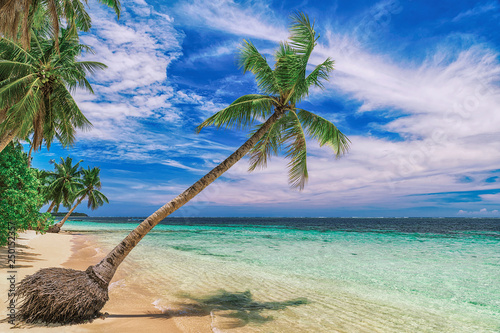 Beautiful beach. View of nice tropical beach with palms around. Holiday and vacation concept. Tropical beachat Philippines on the coast island Siargao