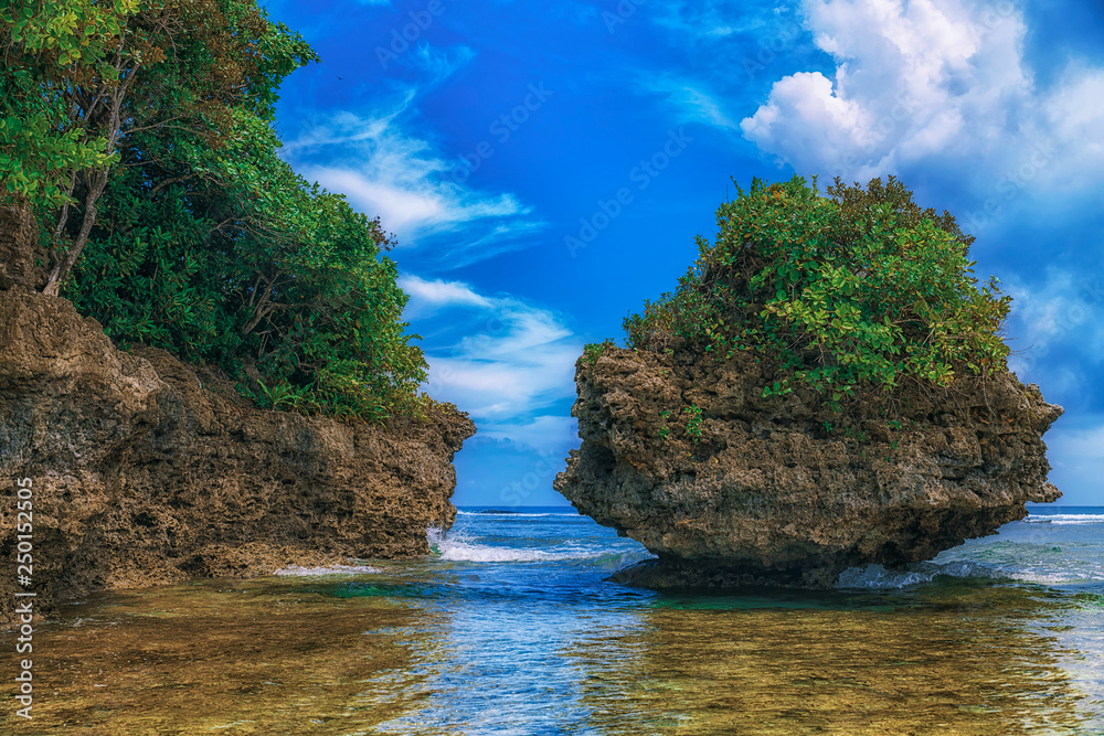 Beautiful island. View of nice tropical beach with palms and stones around. Holiday and vacation concept. Tropical and wild beach at Philippines on the coast island Siargao