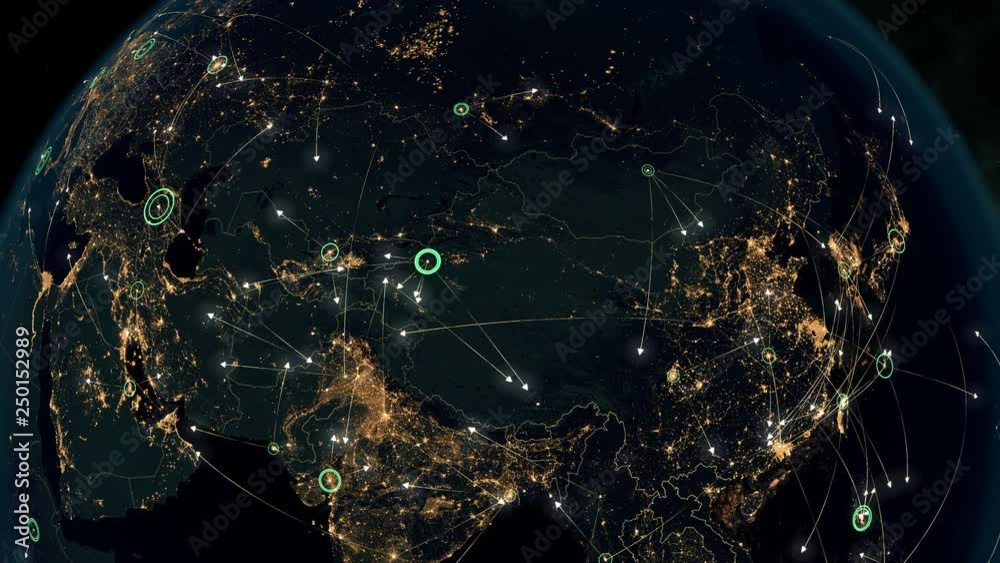Many Arrows Fly Between Cities. Global Communications over Asia and Europe. Global Connections - Destinations all over the World. Flight Paths. The High-Resolution Texture of City Lights. 4k.
