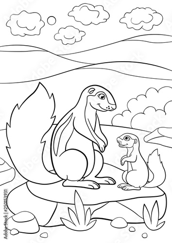 Coloring pages. Mother xerus with her little baby.