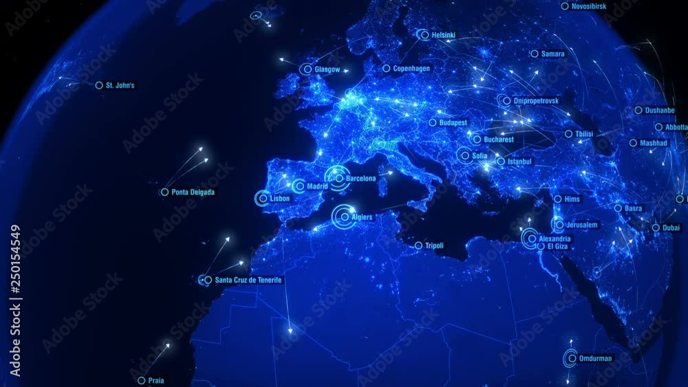 Global Communications over Europe. Arrows Fly Slowly Between Cities. Slow Blue Version. Destinations all over the World. Flight Paths. The High-Resolution Texture. City Names in English. 4k.