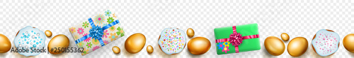 Horizontal seamless banner with horizontally repeated realistic golden Easter eggs, cakes and gift boxes with soft shadows on transparent background