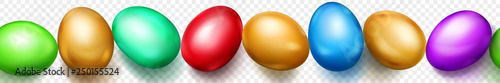 Horizontal seamless banner with horizontally repeated realistic colored Easter eggs with soft shadows on transparent background