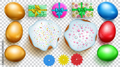 Set of realistic golden Easter eggs, cakes, flowers and gift boxes with soft shadows on transparent background