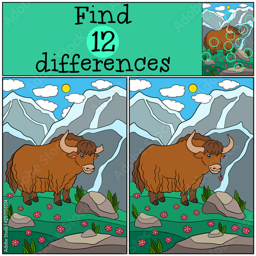 Educational game: Find differences. Cute beautiful yak.