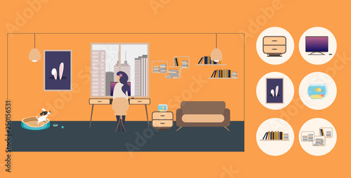 Modern interior design of Freelance WorkRoom with furniture, different constructor elements, desk, chair, couch, chair, lamp, painting, window, dasktop, dog, woman at work. Vector illustration. 
