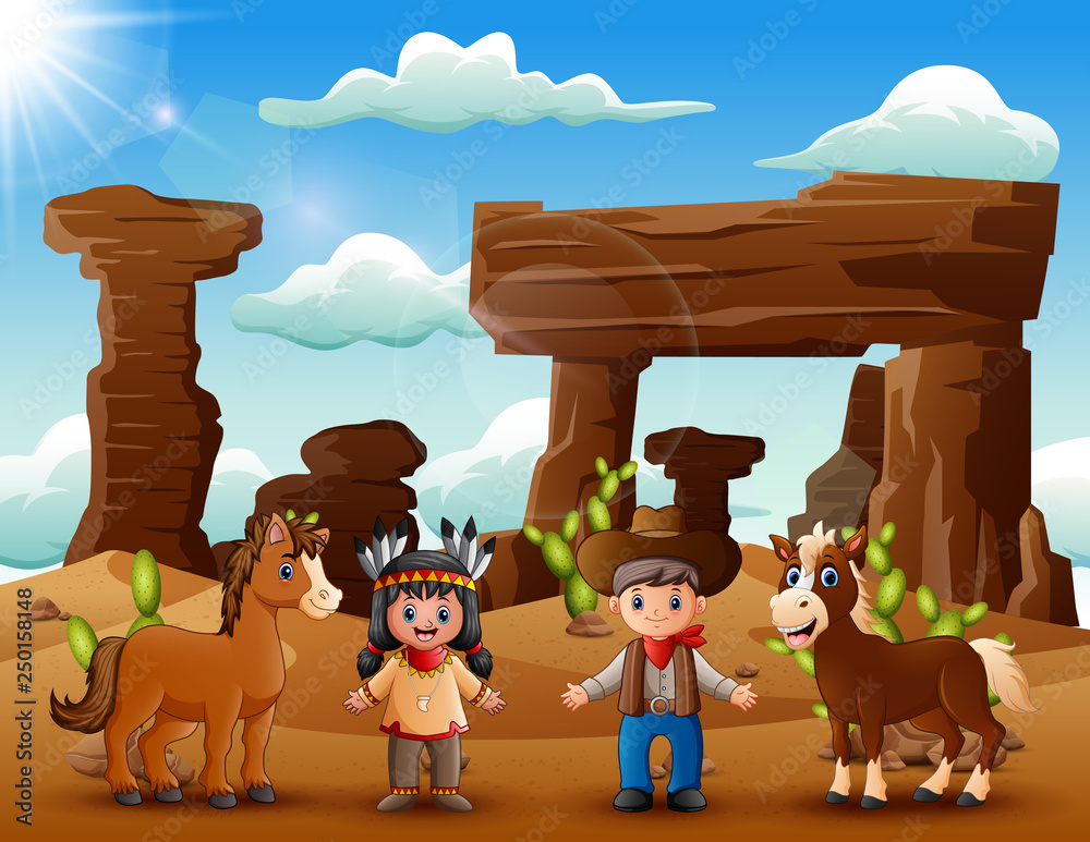 Cartoon young indian girl and cowboy with animal in the desert Stock Vector  | Adobe Stock