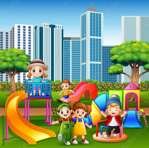 Cartoon kids having fun together on playground