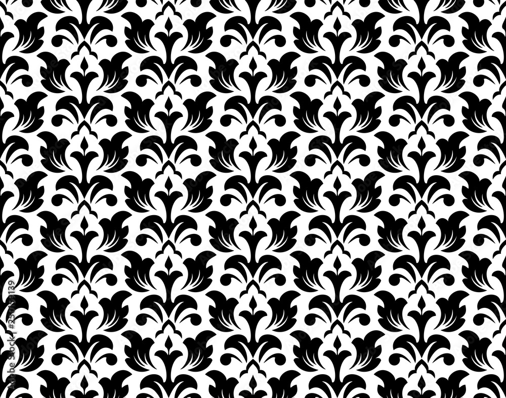 Wallpaper in the style of Baroque. Seamless vector background. White and black floral ornament. Graphic pattern for fabric, wallpaper, packaging. Ornate Damask flower ornament Wallpaper in the style of Baroque. Seamless vector background. White and black floral ornament. Graphic pattern for fabric, wallpaper, packaging. Ornate Damask flower ornament