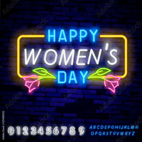 International Women's Day. 3d neon sign. Realistic neon sign. 8 march banner, logo, emblem and label. Bright signboard, light banner. Vector illustration