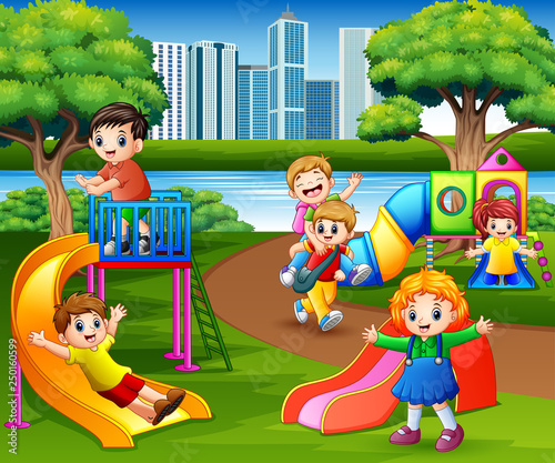 Happy children playing in the school playground