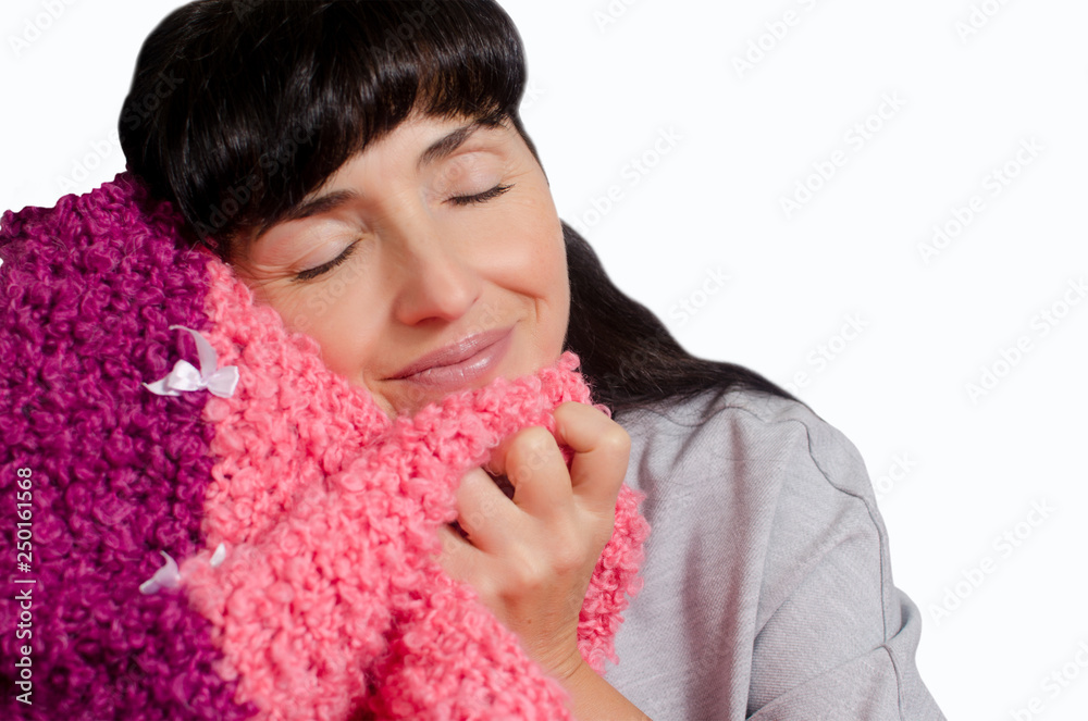 woman with black long hair and closed her eyes to snuggle to warm plaid isolated on white background woman with black long hair and closed her eyes to snuggle to warm plaid isolated on white background