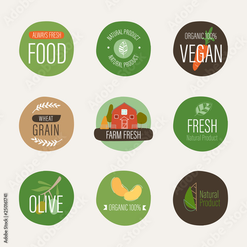natural label and fresh organic banner. agriculture mark logo farm sticker brush paint design.