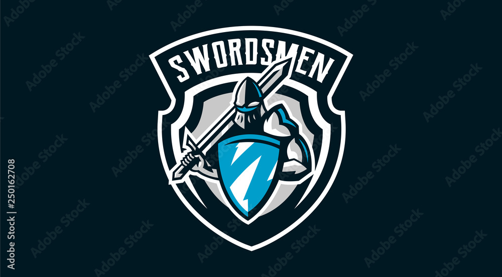 Colorful logo, knight s emblem in iron armor. A warrior of the Middle Ages, a knight holds a shield and a sword, swordsman, warrior, defender, lettering. Vector illustration - obrazy, fototapety, plakaty 