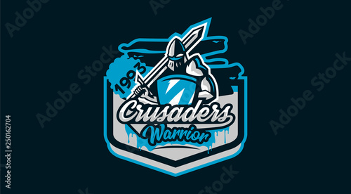 Colorful logo, knight s emblem in iron armor. A warrior of the Middle Ages, a knight holds a shield and a sword, swordsman, warrior, defender, lettering. Vector illustration