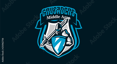 Colorful logo, knight s emblem in iron armor. A warrior of the Middle Ages, a knight holds a shield and a sword, swordsman, warrior, defender, lettering. Vector illustration