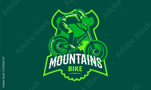 Emblem of a cyclist on a mountain bike. Sport bike logo. Sport bicycle, racer, jump, downhill, mtb, bmx, race, extreme. Vector illustration