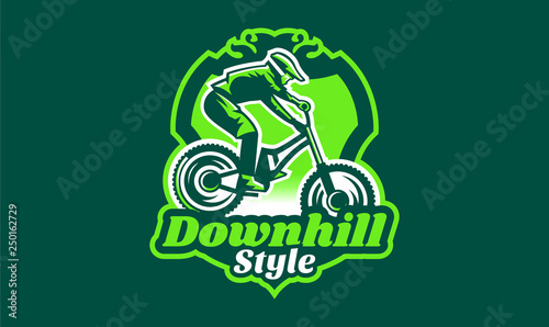 Emblem of a cyclist on a mountain bike. Sport bike logo. Sport bicycle, racer, jump, downhill, mtb, bmx, race, extreme. Vector illustration