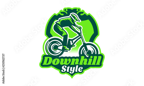 Emblem of a cyclist on a mountain bike. Sport bike logo. Sport bicycle, racer, jump, downhill, mtb, bmx, race, extreme. Vector illustration