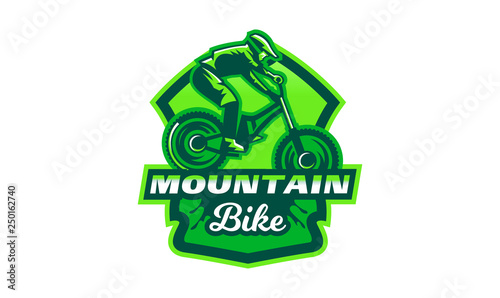 Emblem of a cyclist on a mountain bike. Sport bike logo. Sport bicycle, racer, jump, downhill, mtb, bmx, race, extreme. Vector illustration