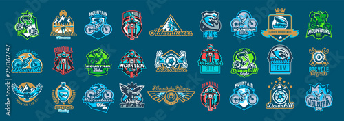 Set of emblems cyclist, mountain bike, eagle, wings, wheels, repair of transport, sport bicycle, racer, jump, downhill, mtb, bmx, race, extreme, hawk. Colorful collection, vector illustration