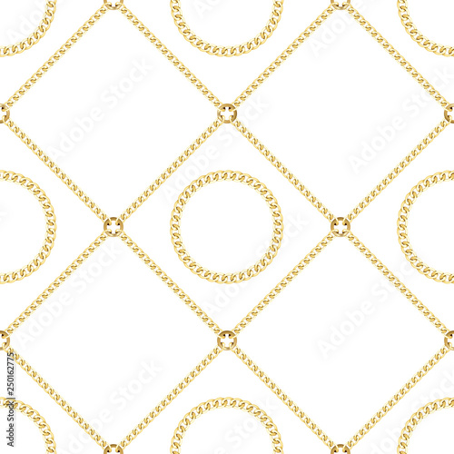 Golden Chains Seamless Pattern on White Background.