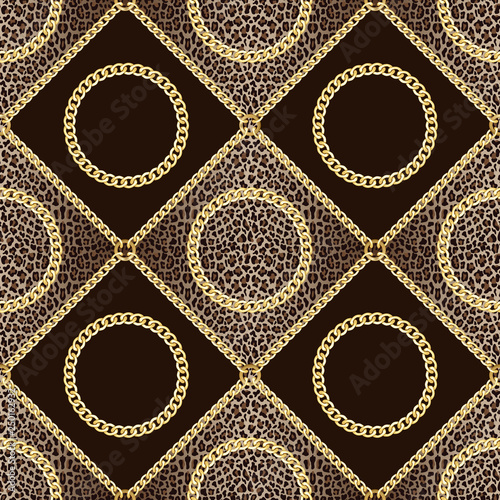 Golden Chains Seamless Pattern on Leopard Background.