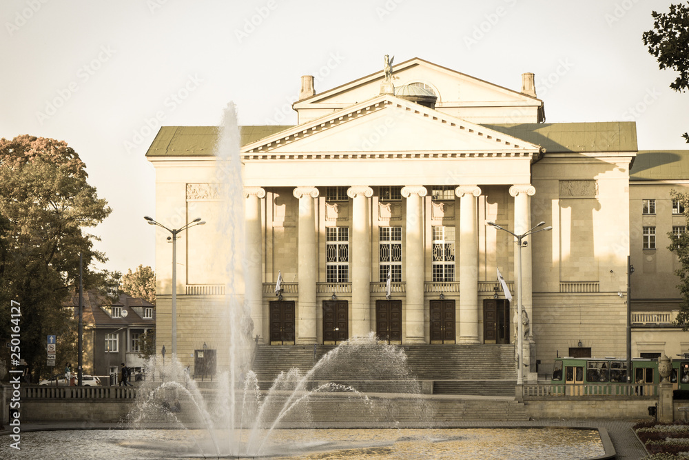 Poznan, Poland - October 12, 2018: Great Theater of Stanisław Moniuszko, Opera House in polish city Poznan. Aged photo