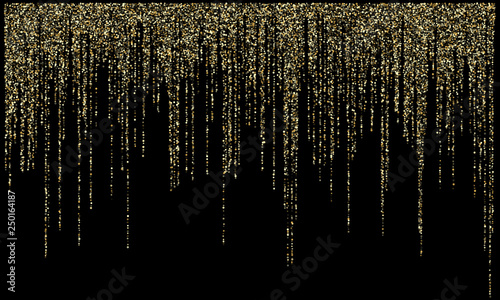 Garland lights gold glitter hanging vertical lines vector holiday background.