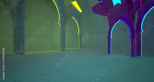 Abstract Concrete Futuristic Sci-Fi Gothic interior With Yellow And Violet Glowing Neon Tubes . 3D illustration and rendering.