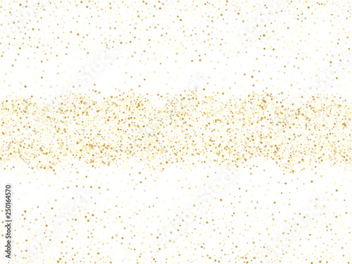Gold sparkles glitter dust metallic confetti on white vector background.