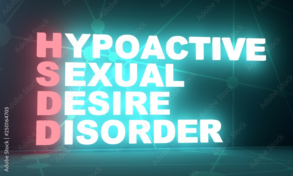 Acronym HSDD - Hypoactive Sexual Desire Disorder. Helthcare conceptual image. 3D rendering. Neon bulb illumination