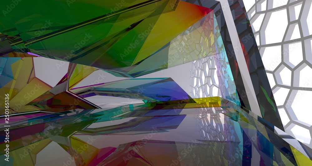 Fototapeta premium Abstract white and colored gradient glasses interior multilevel public space with window. 3D illustration and rendering.