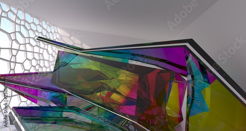 Abstract white and colored gradient glasses interior multilevel public space with window. 3D illustration and rendering.