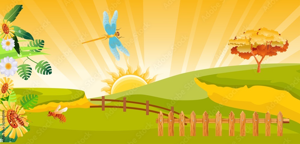 Horizontal banner vector illustration of  summer countryside landscape with house, bees, sunflower on sunny background.