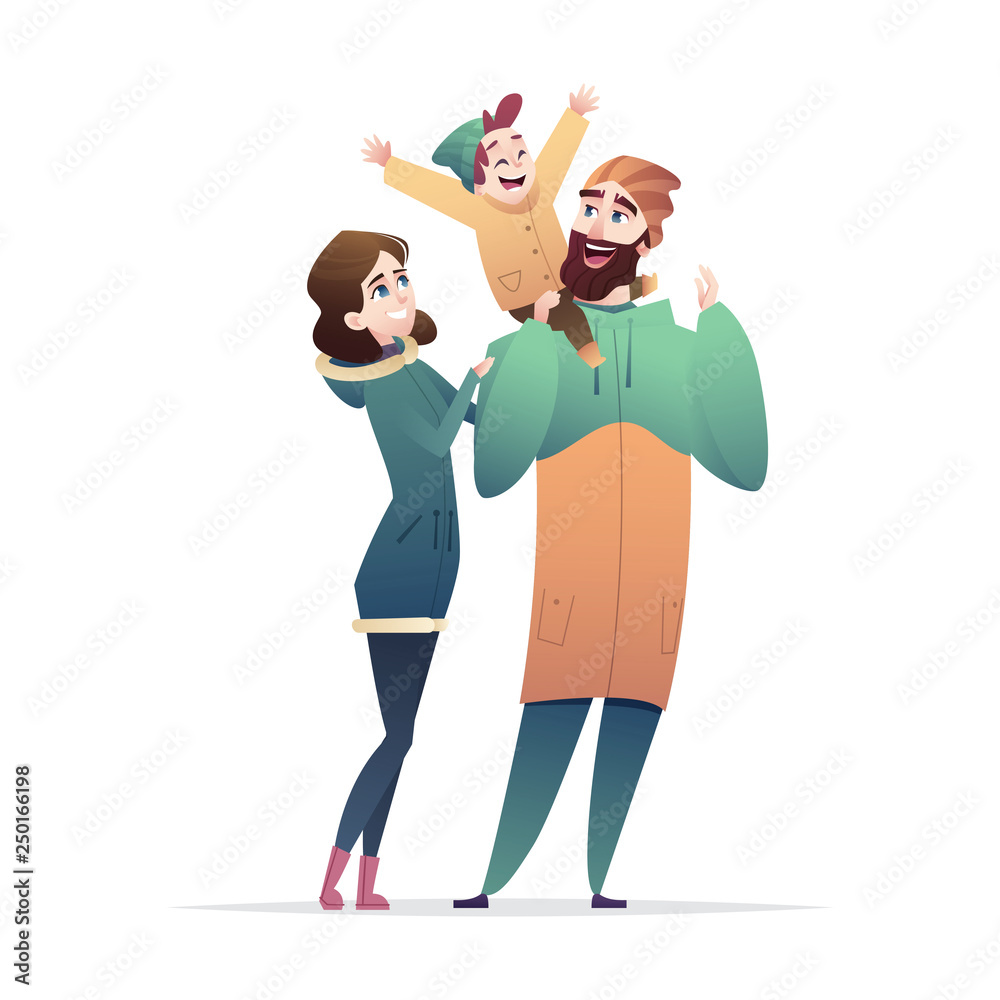 Happy family together. Father, mother, son and daughter. Winter fashion Cartoon flat modern design. Happy family together. Father, mother, son and daughter. Winter fashion Cartoon flat modern design.