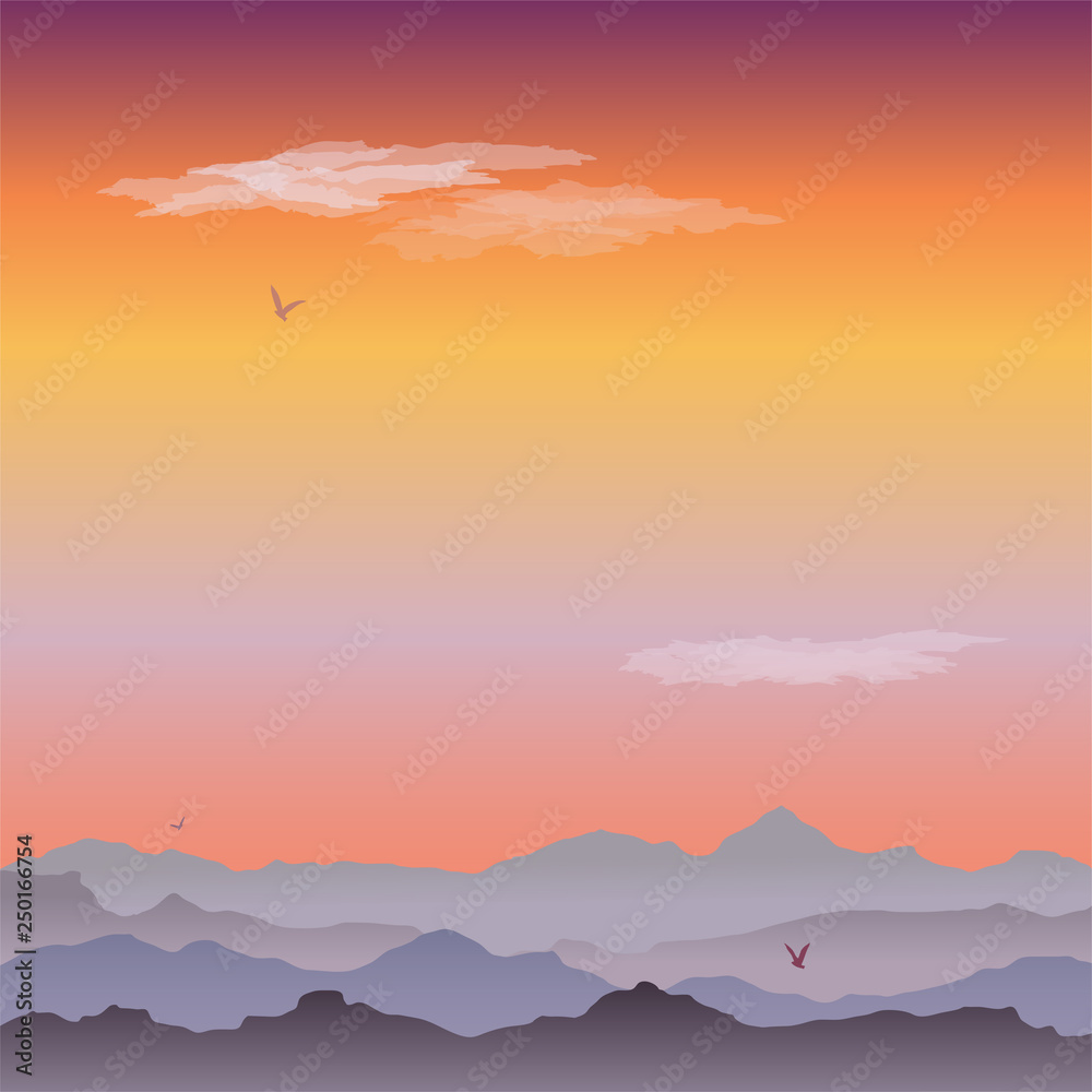 Vector greeting card with mountain landscape. A quiet evening, clouds and birds soaring in the sky. Misty hills at Sunset