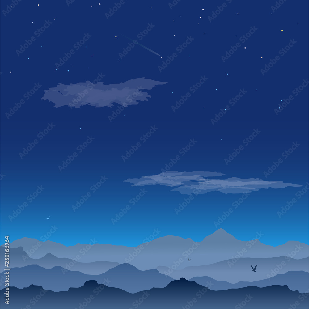 Obraz premium Vector greeting card with mountain landscape. Quiet night, clouds and birds soaring in the sky. Misty hills at midnight