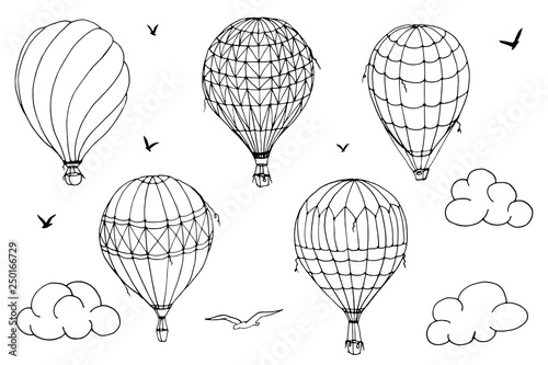 Vector isolated balloons on white background. Many striped air balloons flying in the clouded sky. Patterns of clouds and birds flying in the sky. Travel and vacation. Wide horizons. 