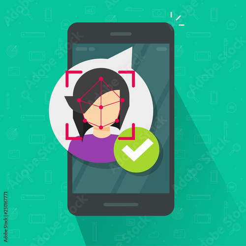Face id recognition via mobile phone vector illustration, flat cartoon smartphone using facial scanning identification, concept of security verification technology on cellphone isolated clipart