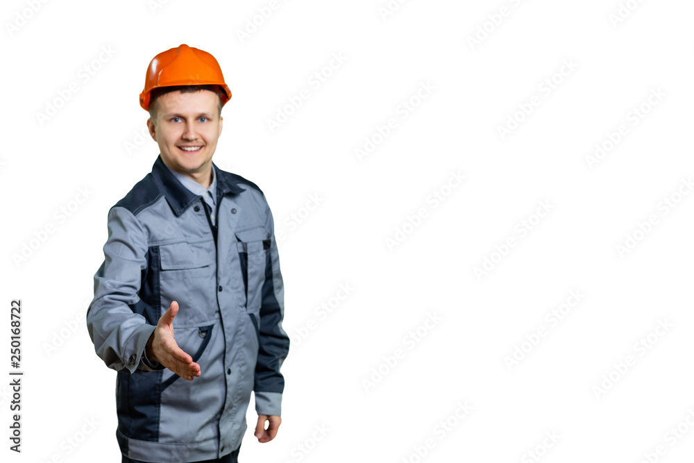 Senior engineer man, construction worker holds hands welcoming in a handshake pose, expressing the concept of trust and success, welcoming at work. Focus on the hands. isolated Senior engineer man, construction worker holds hands welcoming in a handshake pose, expressing the concept of trust and success, welcoming at work. Focus on the hands. isolated