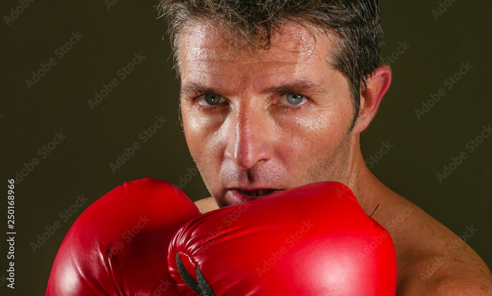 young attractive and fierce looking man in boxing gloves posing in defense boxer stance isolated on dark background in sport and fitness exercise workout young attractive and fierce looking man in boxing gloves posing in defense boxer stance isolated on dark background in sport and fitness exercise workout