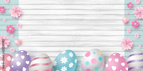 Easter day design of eggs and flowers on white wood texture background vector illustration